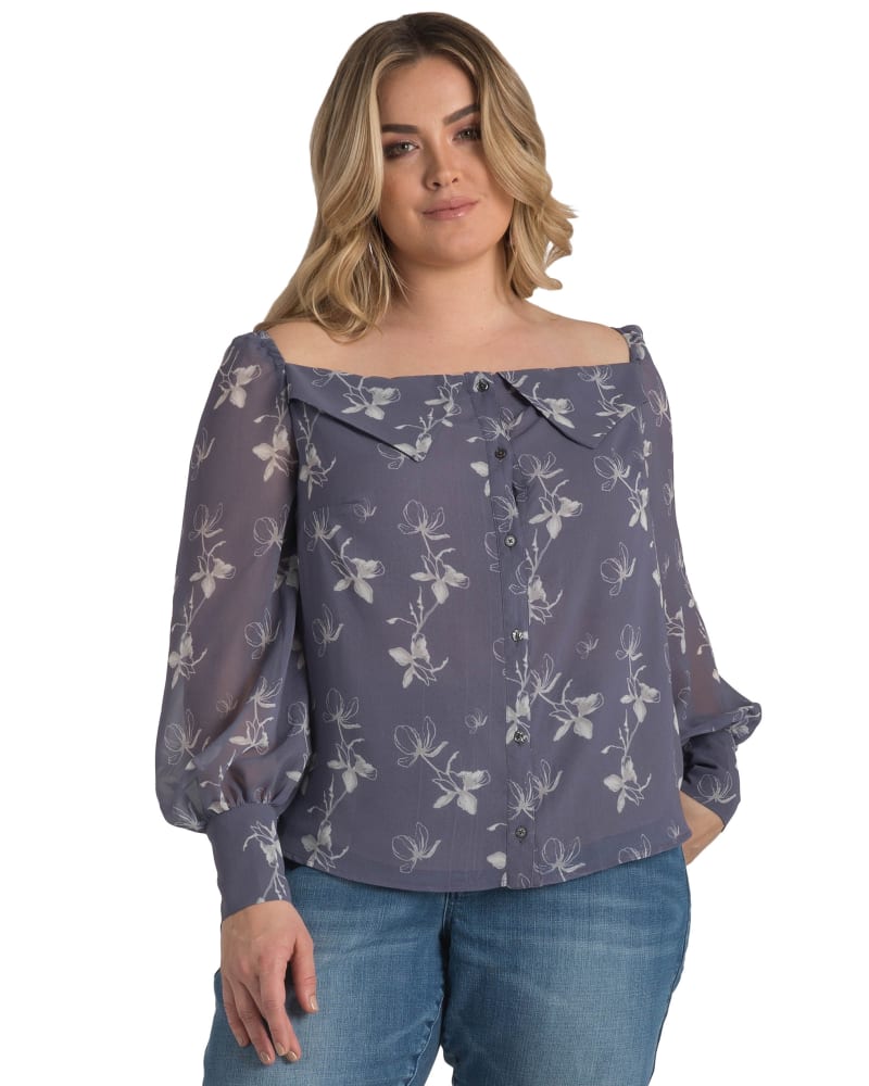 Front of a model wearing a size 1X Frida Off The Shoulder Blouse in DARKPURPLE by Standards & Practices. | dia_product_style_image_id:275958